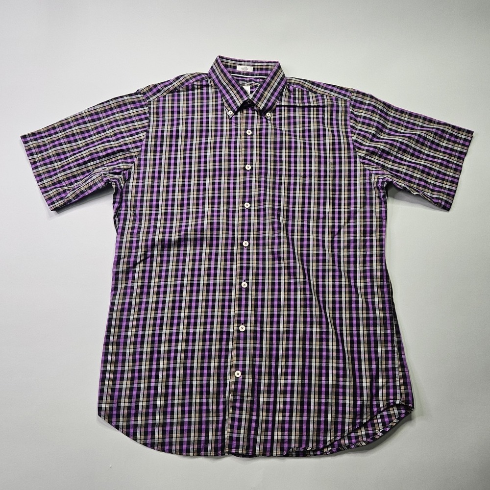 Peter Millar Men's Large Plaid Short Sleeve Button Down Shirt Purple Black